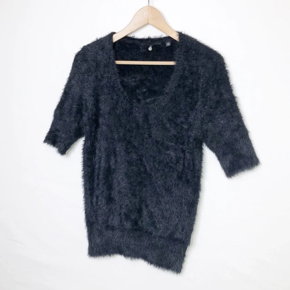 Knitted and knotted black, eyelash, scoop, neck sweater
